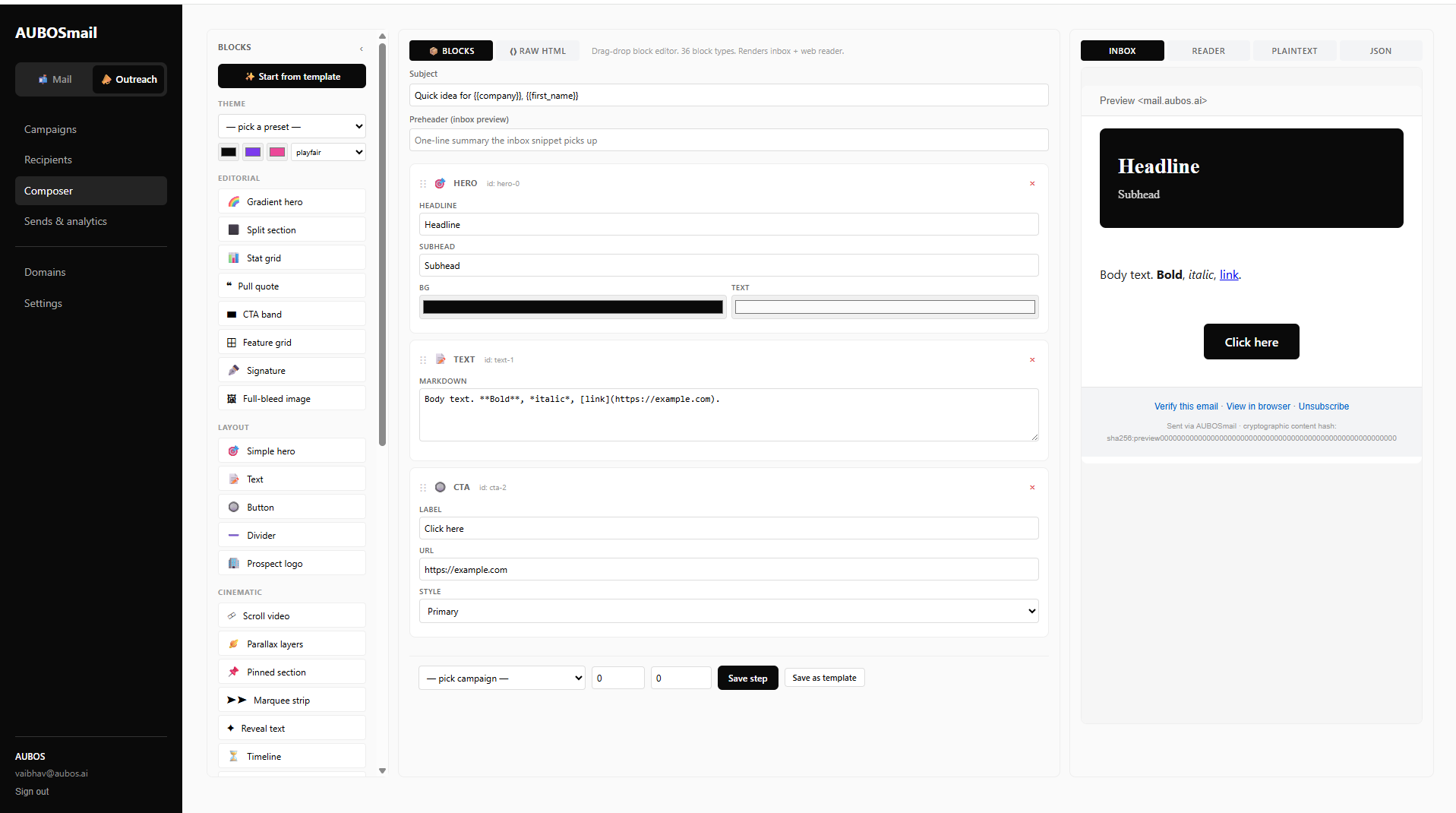 AUBOSmail The composer — production screenshot