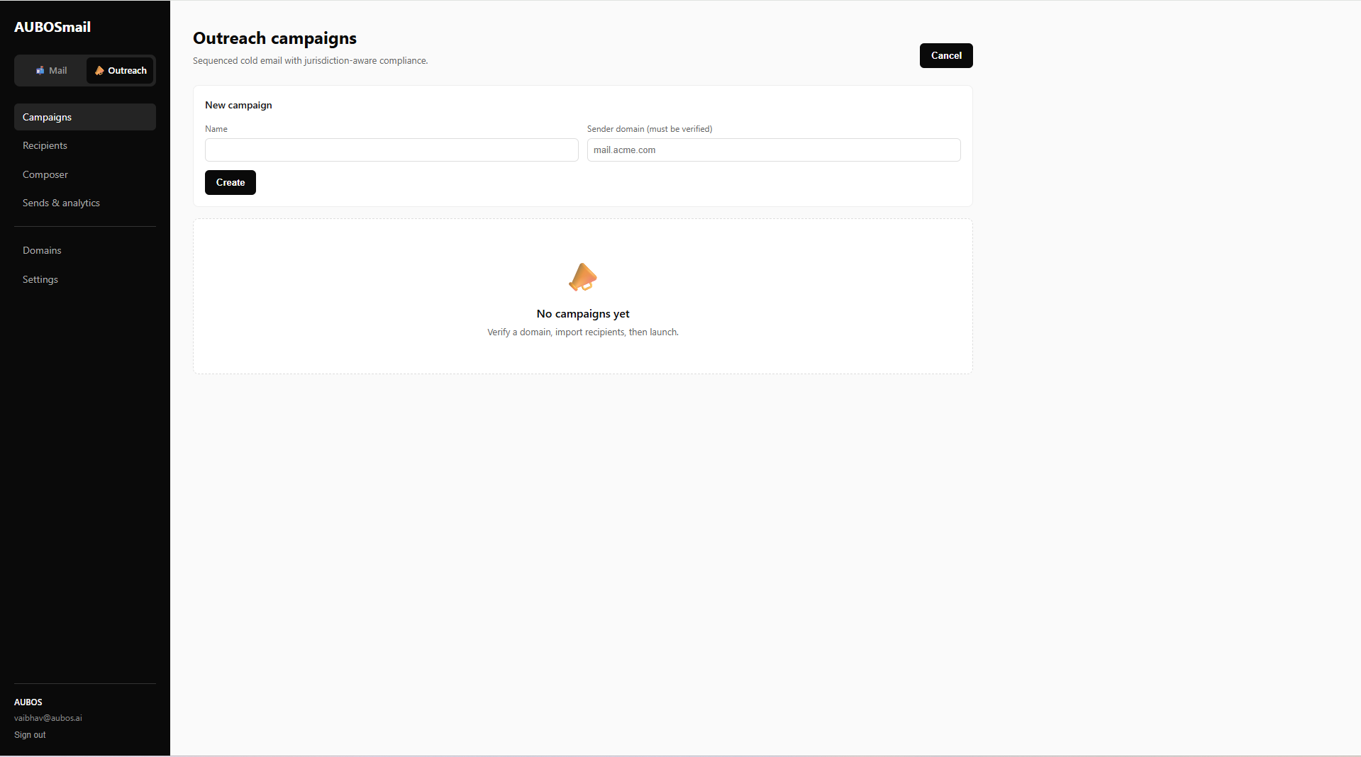 AUBOSmail Outreach campaigns — production screenshot