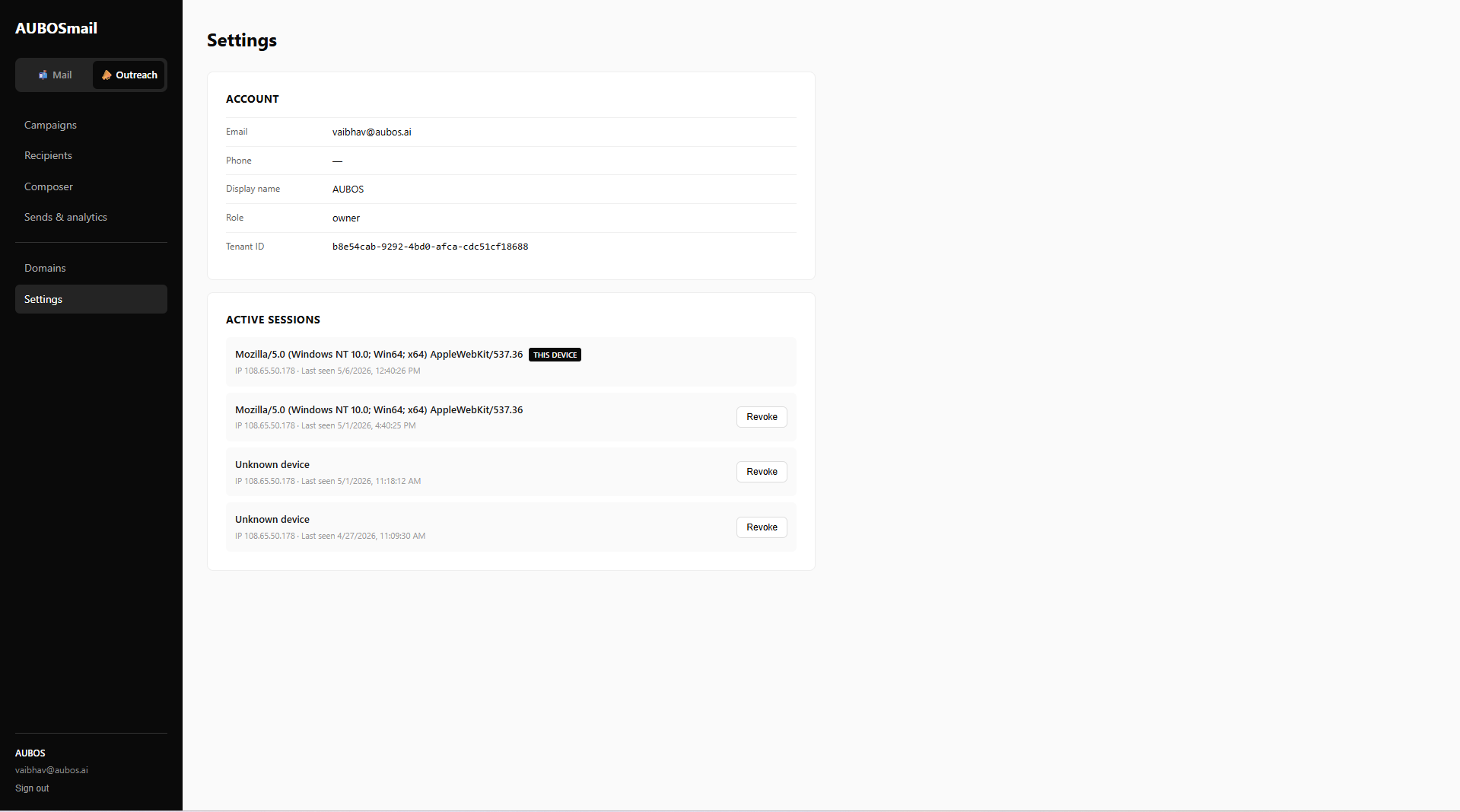 AUBOSmail Tenant settings — production screenshot